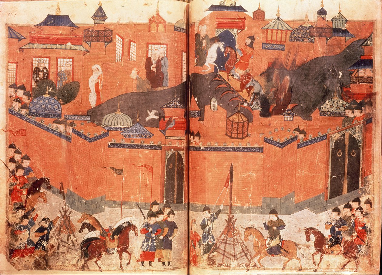 Ms.Sup.Pers.1113.f.180v-181 Mongolen onder leiding van Hulagu Khan bestormen en veroveren Bagdad in 1258, uit een boek van Rashid al-Din (1247-1318) door Persian School