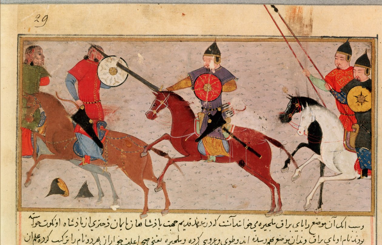 Ms Pers.113 f.29 Genghis Khan (c.1162-1227) vecht tegen de Tartaren, uit een boek door Rashid-al-Din (1247-1318) door Persian School