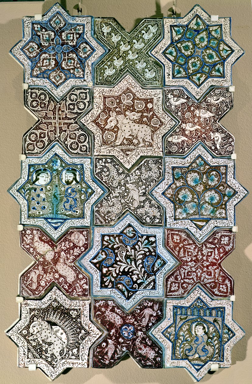 Paneel van tegels, Kashan, Centraal Iran, ca.1250-1300 (aardewerk) door Persian School