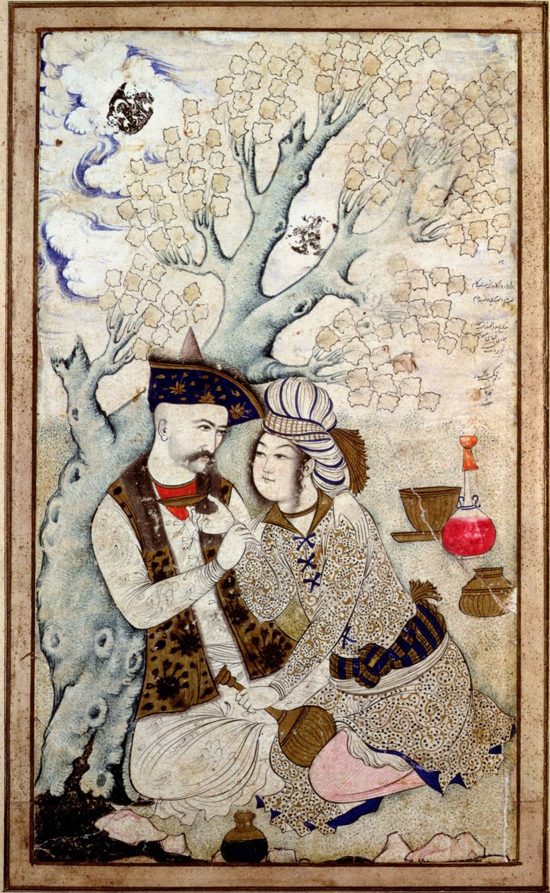 Portret van sjah Abbas I met een van zijn pages, gesigneerd Muhammad Qasim door Persian School
