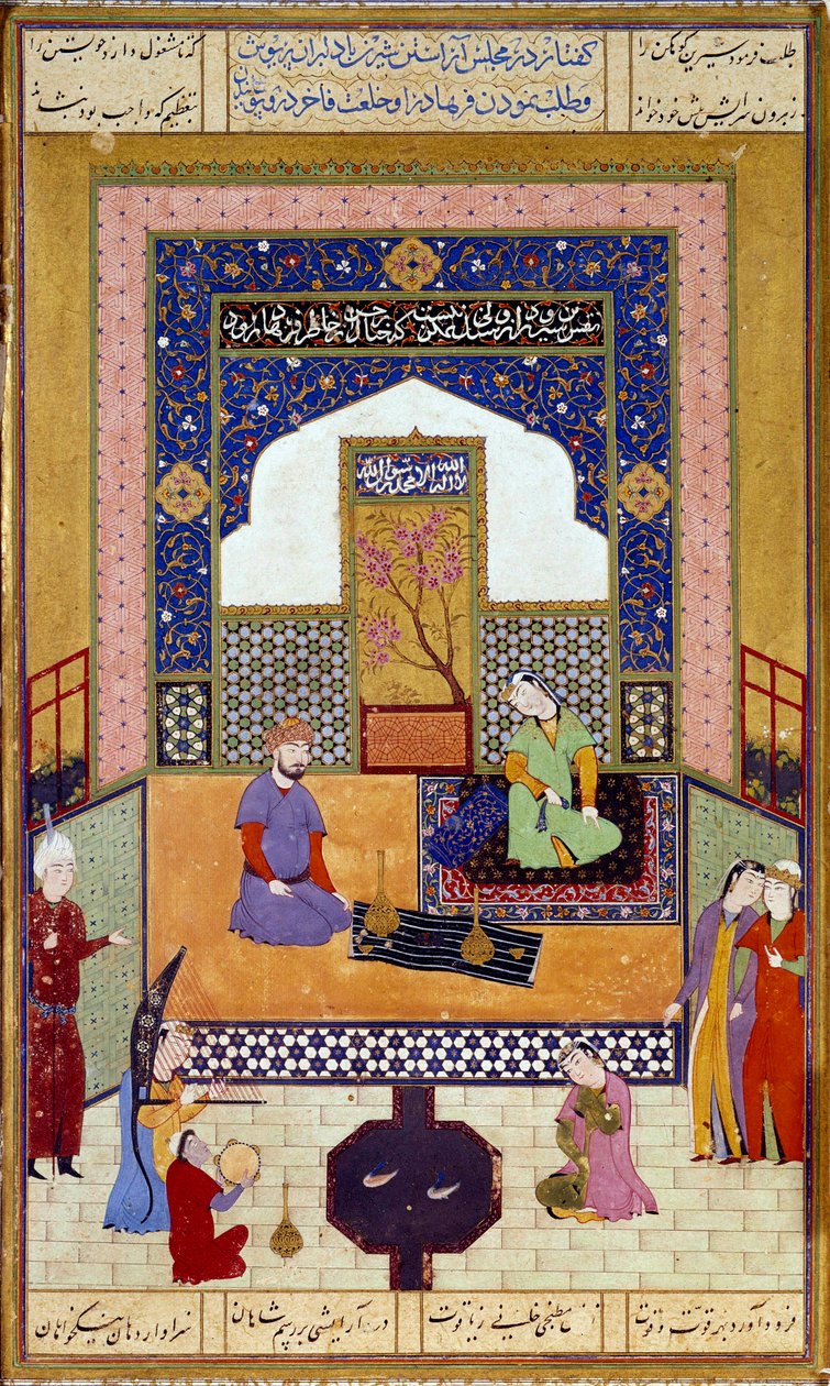 Prinses Shirin (Chirin) ontvangt Farhad in haar Perzische miniatuurkasteel illustrerend een episode van Nizami