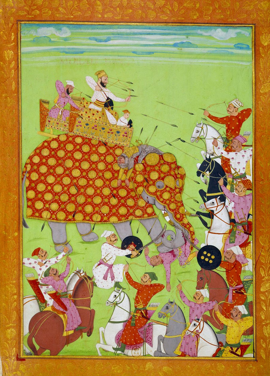 Voorstelling van Murad Baksh, zoon van Mughal keizer Shah Jehan, vechtend op een olifant door Persian School