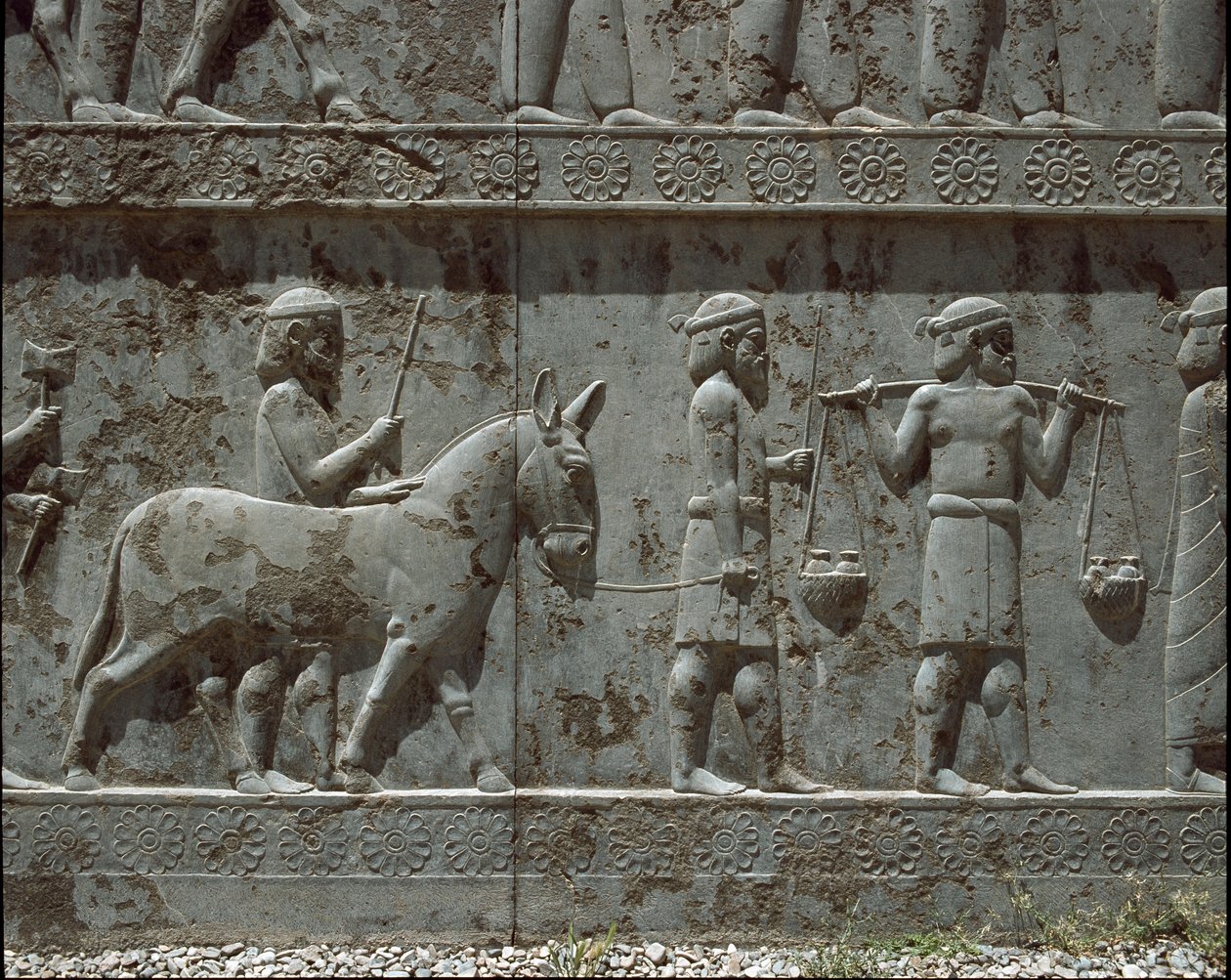 Onderworpen volkeren brengen geschenken aan Darius I. Reliëfs van de oostelijke trap van de Apadana, 6e eeuw v.Chr. door Persian School