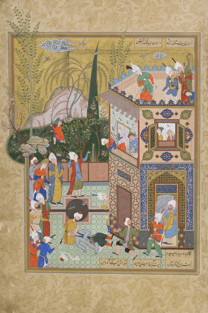 De wispelturige oude minnaar wordt van het dak gegooid, folio uit een Haft awrang (Zeven tronen) door Jami (gest. 1492) waarschijnlijk Mashad, Khurasan, Iran, Safavidische dynastie, 1556-1565 door Persian School