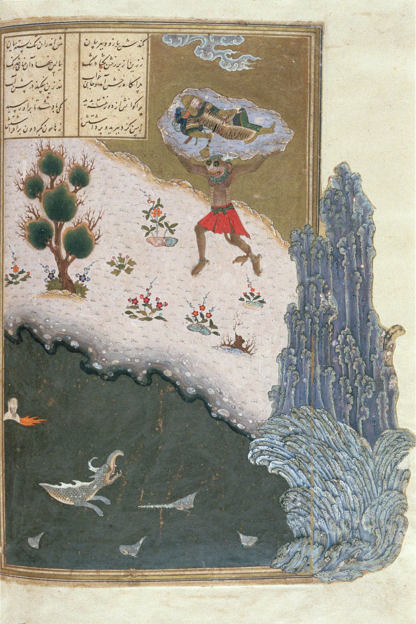 De slapende Rustam door de lucht gedragen door de demon Akwan ...