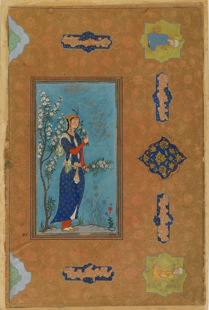 Vrouw met een tak bloemen, Safavid Periode, c.1575 door Persian School
