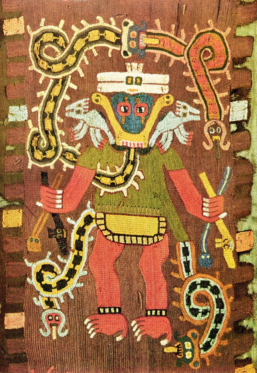 Geborduurde mythologische figuur, Paracas Necropolis-stijl door Peruvian School
