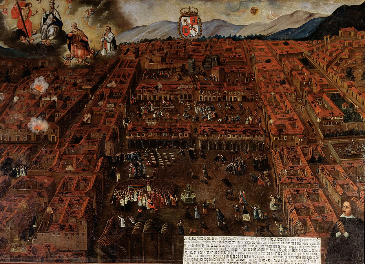 Uitzicht op Cuzco ten tijde van de aardbeving van 1650 door Peruvian School
