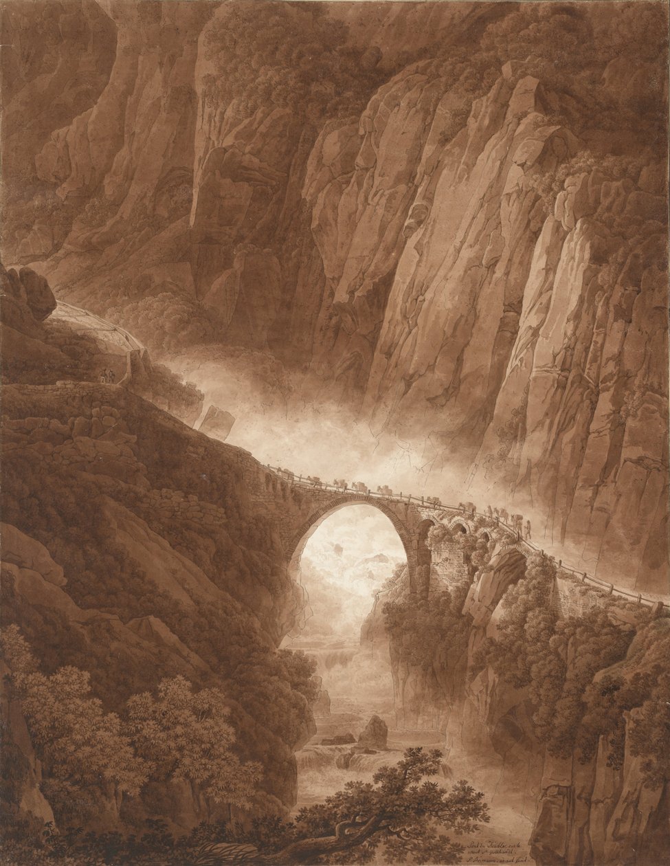 De Duivelsbrug in de Schöllenenschlucht op de Weg over de St. Gotthardpas met een Muilezelkaravaan, voor 1805 door Peter Birmann