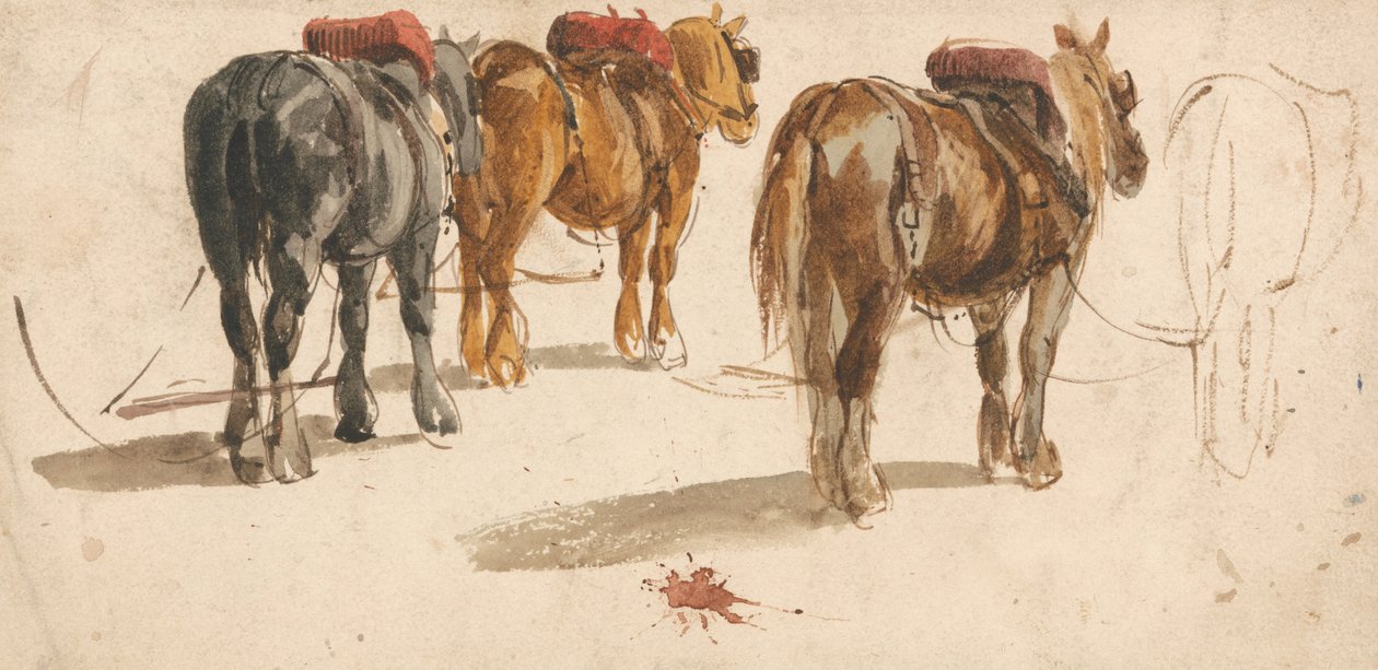 Drie Trekpaarden in Harnassen door Peter de Wint
