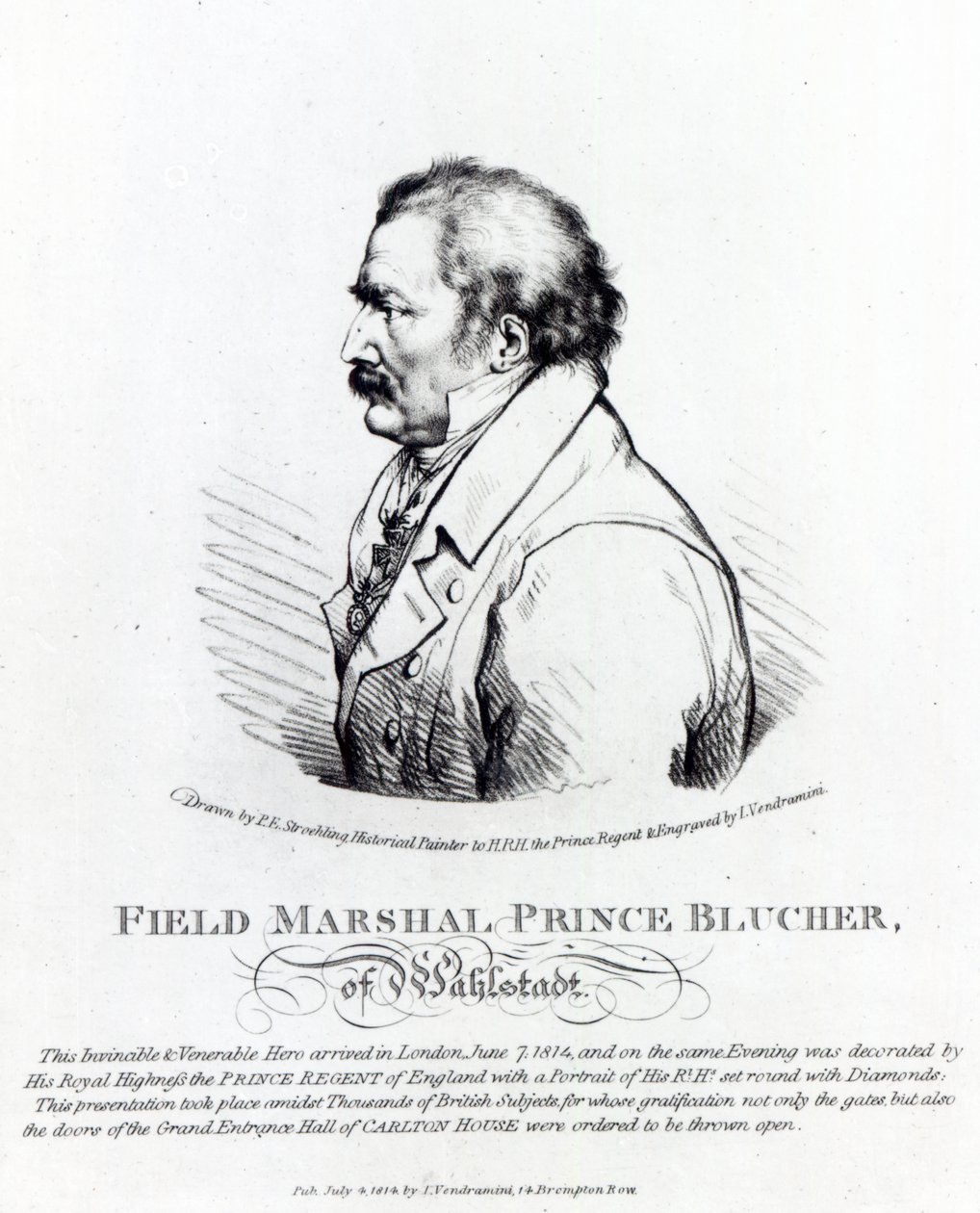 Veldmaarschalk Prins Blücher van Wahlstadt, gegraveerd door J. Vendramini, 1814 door Peter Eduard Stroehling