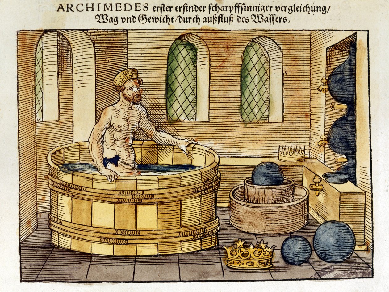 Archimedes (ca. 287-212 v.Chr.) Griekse wiskundige en uitvinder, in zijn bad, 1547 door Peter Flötner