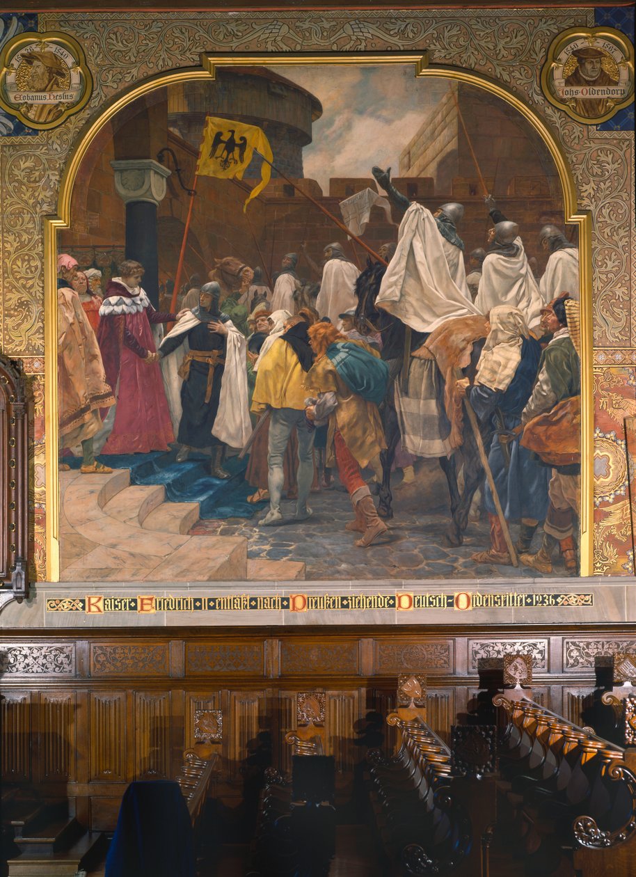 Keizer Frederik II staat de Teutoonse Ridders toe Pruisen binnen te vallen in 1236, 1903 door Peter Johann Theodor Janssen