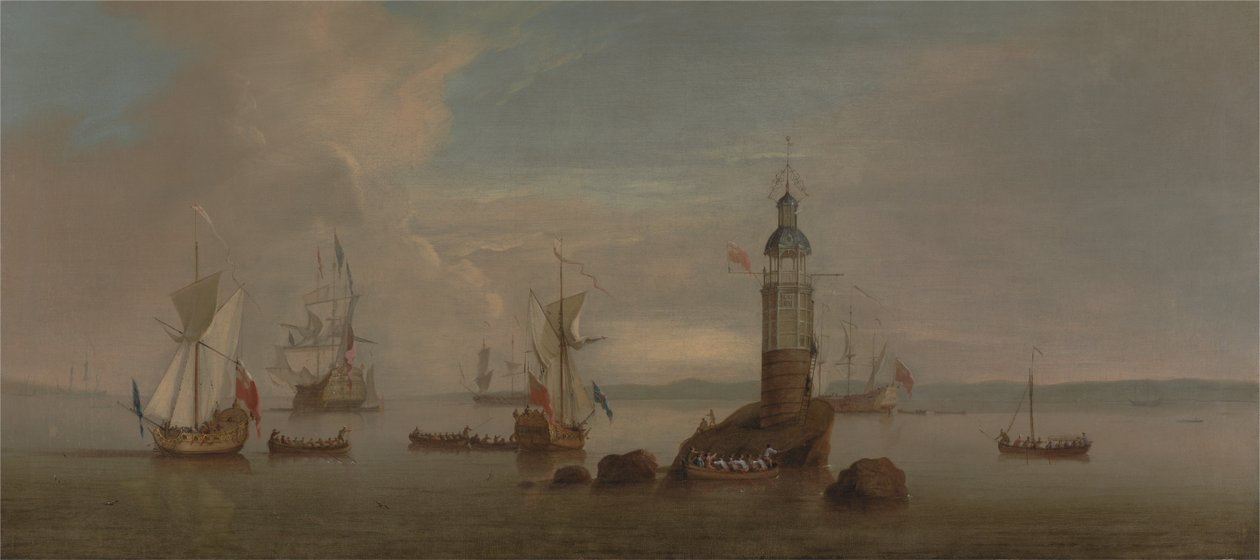 De opening van de eerste Eddystone-vuurtoren in 1698 door Peter Monamy