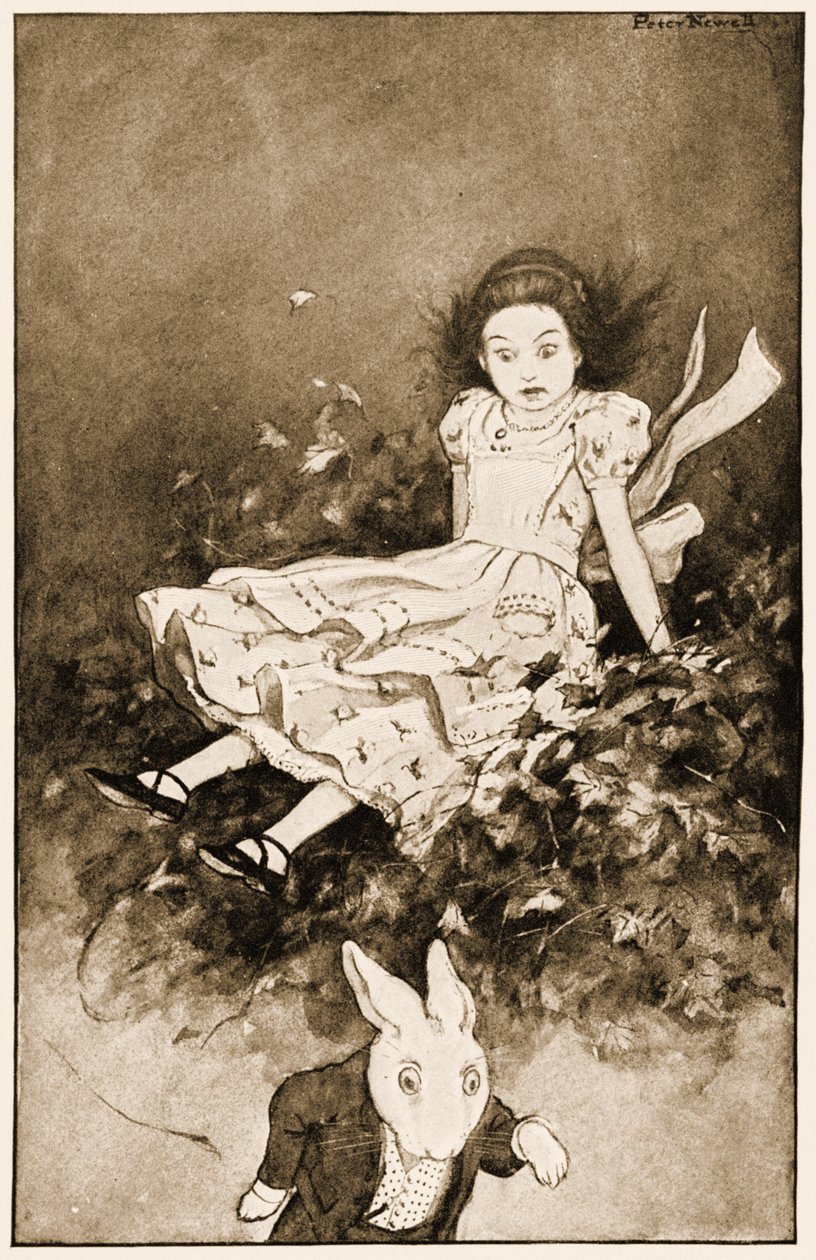 Ze kwam neer op een hoop droge bladeren, illustratie voor Lewis Carrolls Alice