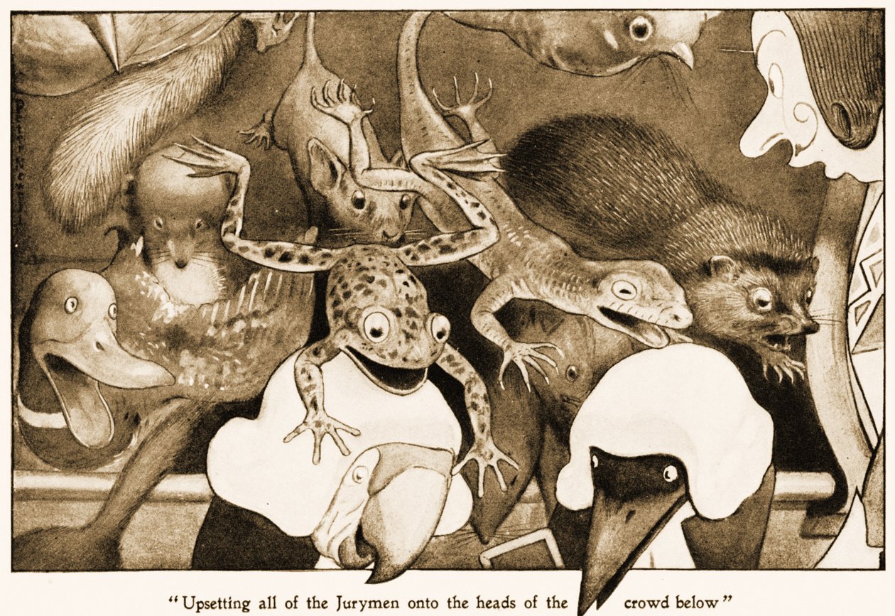 Alle juryleden omverwerpen op de hoofden van de menigte beneden, illustratie voor Lewis Carrolls Alice