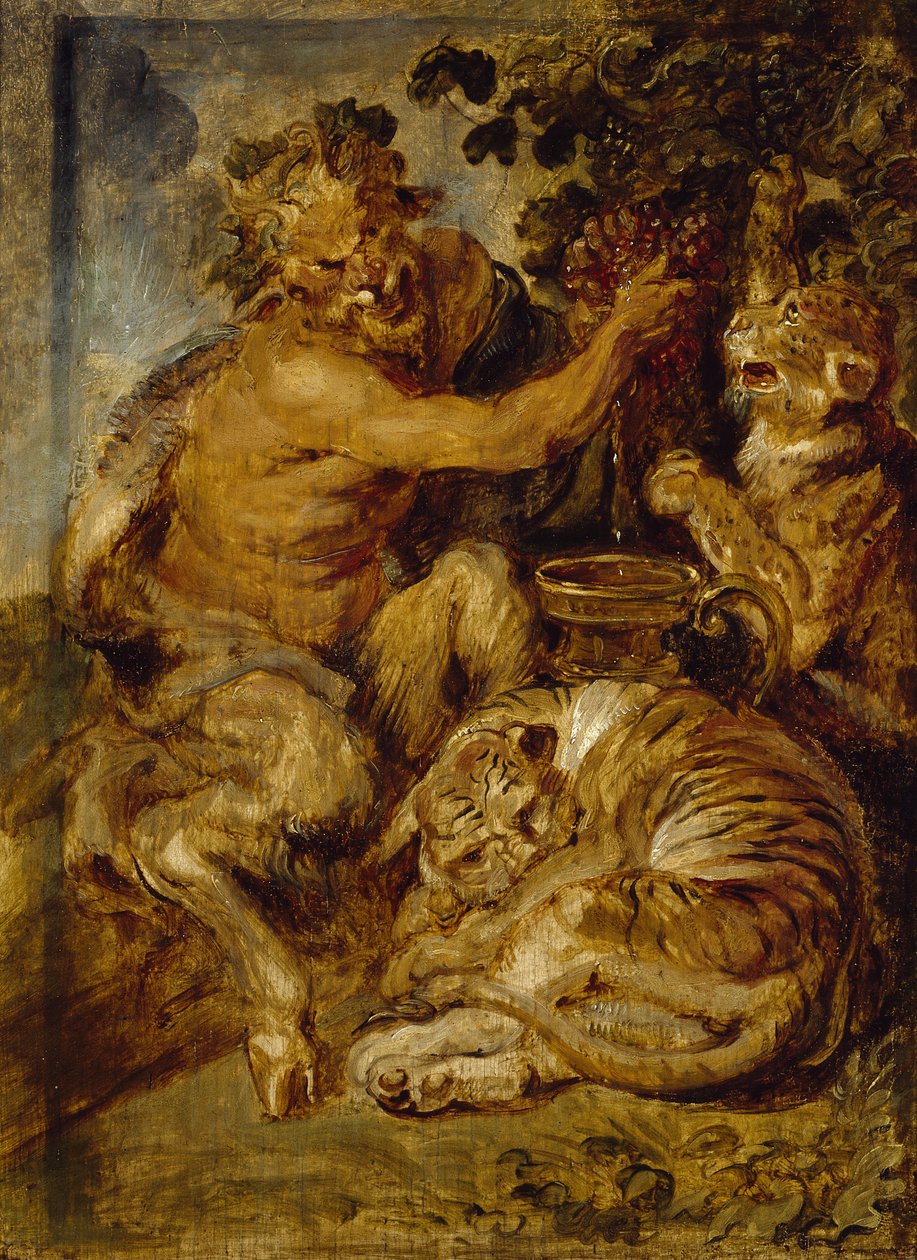 Een sater die druiven perst met een tijger en een luipaard, ca.1618 door Peter Paul Rubens