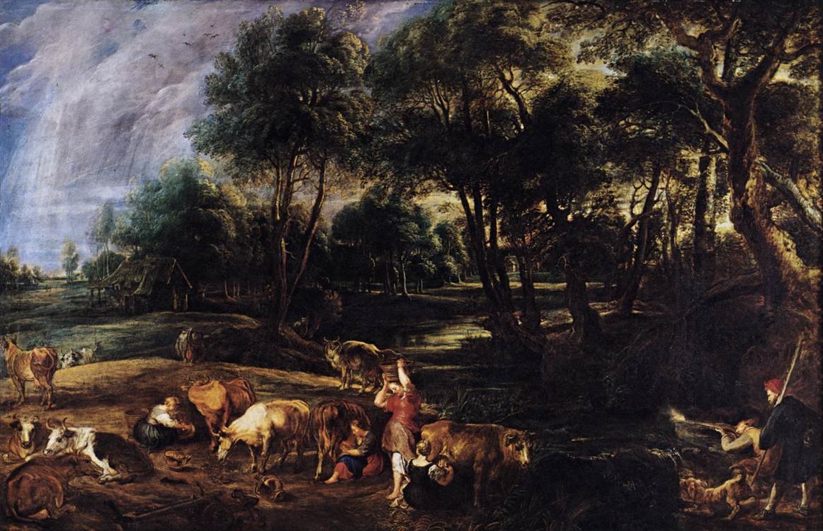 Landschap met koeien en wilde jagers door Peter Paul Rubens