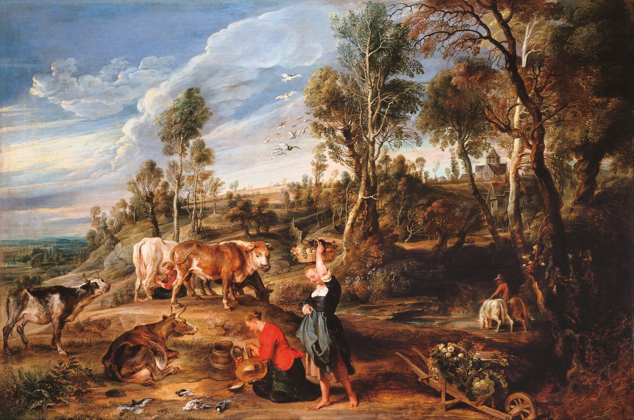Melkmeisjes met vee in een landschap, De boerderij in Laken door Peter Paul Rubens