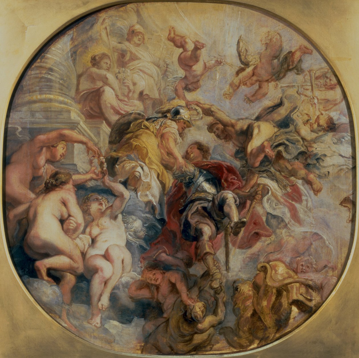 Minerva en Mercurius Leiden de Hertog van Buckingham (1592-1628) naar de Tempel van Deugd, voor 1625 door Peter Paul Rubens