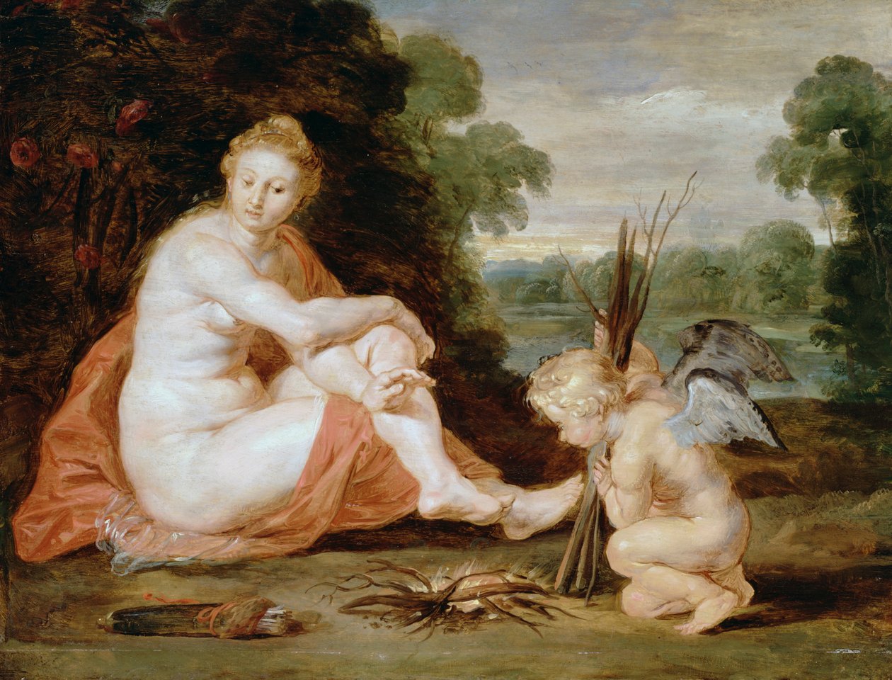 Venus en Cupido warmen zich door Peter Paul Rubens
