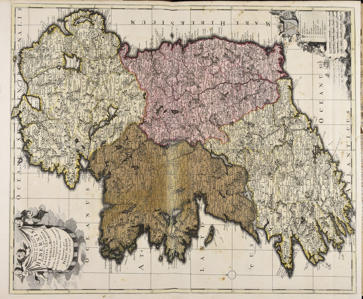 Novissima et accuratissima regni et insulae Hiberniae delineatio: in qua sunt Lagenia, Ultonia, Connachia et Momonia provinciae: divisae in triginta duos comitatus qui et sunt divisi in omnes subjacentes baronnatus / per Petrus Schenk door Peter Schenk the Elder