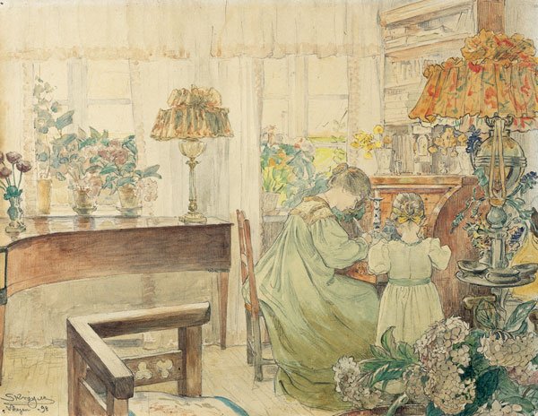Marie en Vibeke Kroyer aan het bureau in het huis in Skagen Plantage door Peder Severin Krøyer