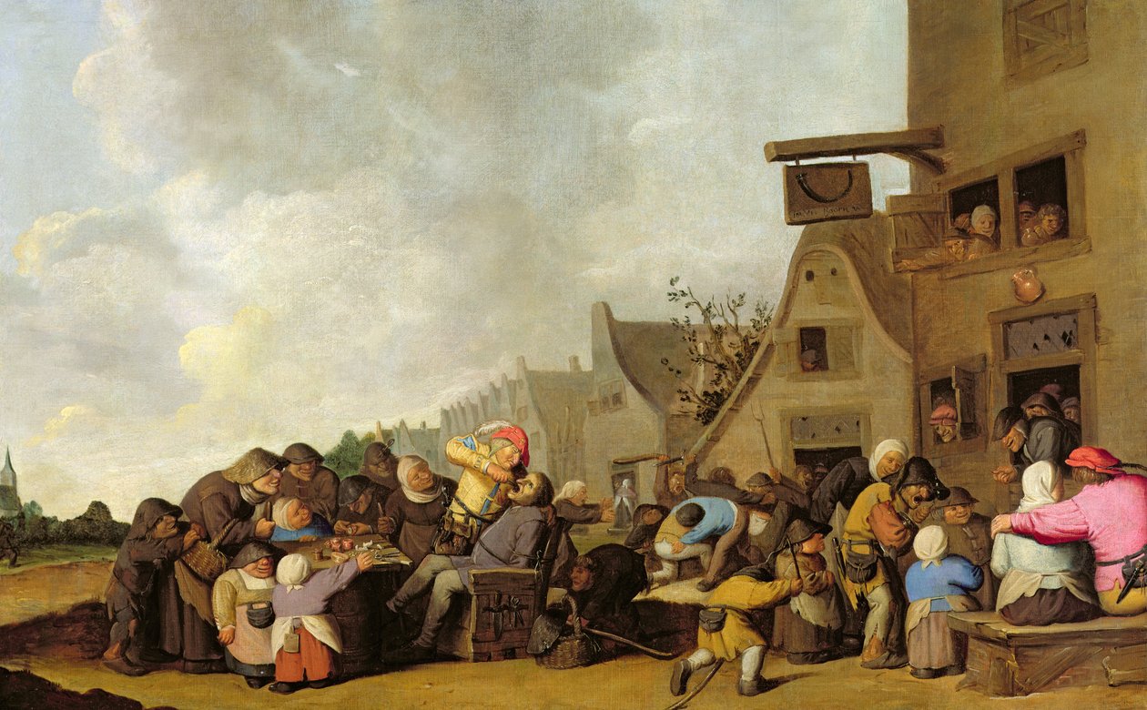 Een dorpsscène met een tandarts die tanden trekt en boeren die buiten een taverne vechten, c.1630-40 door Peter de Bloot