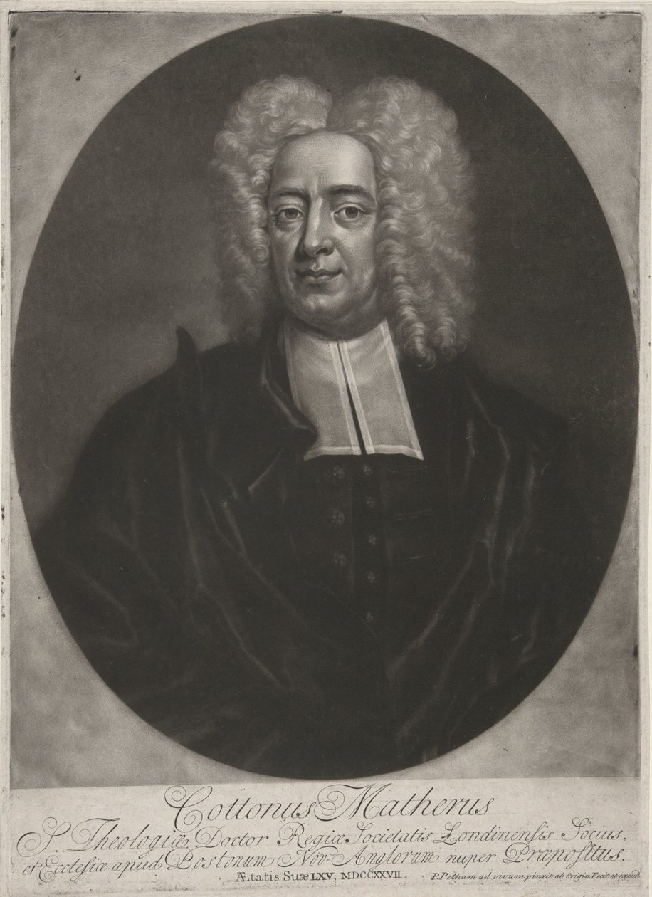 Cotton Mather, uitgegeven 1728 (gravure) door Peter (after) Pelham