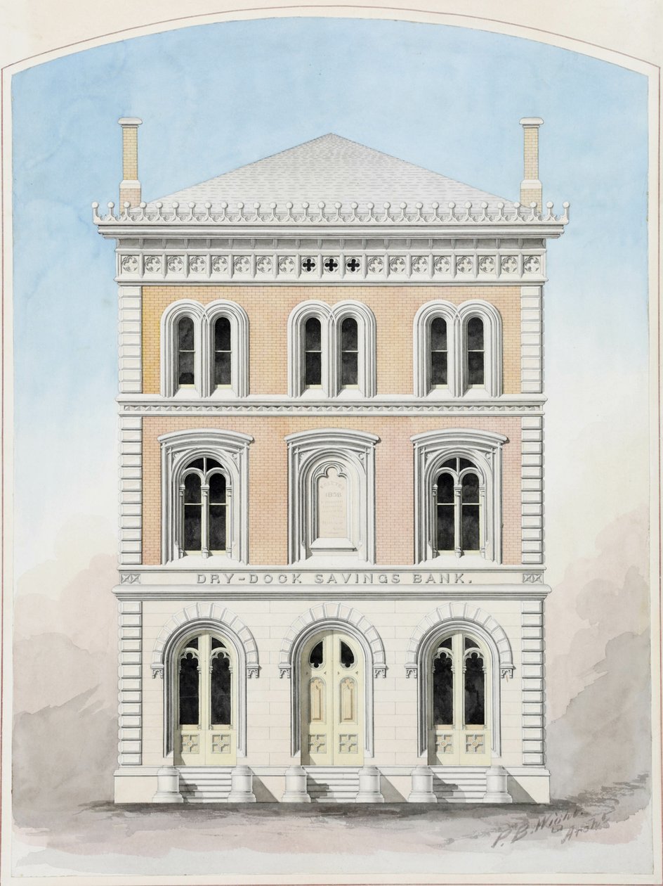 Dry Dock Savings Bank, New York City, New York, Wedstrijd ontwerptekening door Peter Bonnett Wight