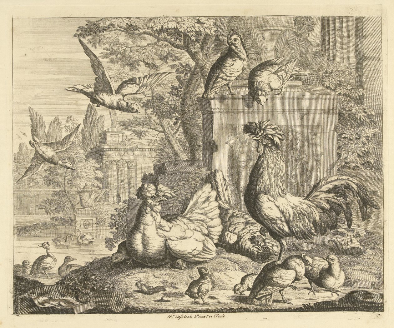 Haan, hen met kuikentjes en andere vogels in een tuin met antieke ruïnes Verschillende vogels (serie) door Peter Casteels (III)