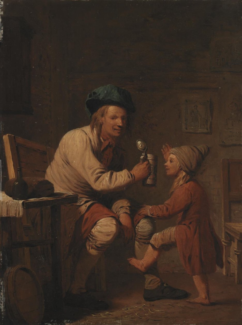 Een boer geeft zijn zoon iets te drinken door Peter Cramer
