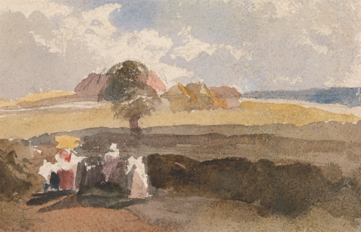 Landschapsschets met figuren op de voorgrond door Peter DeWint