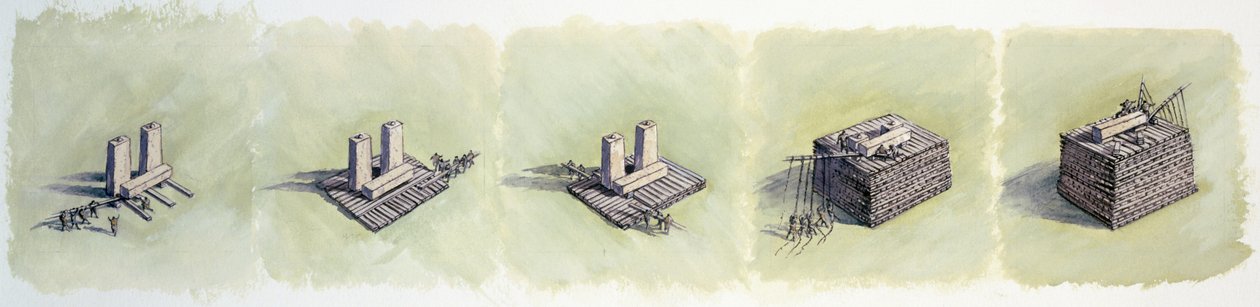 Het optillen van een latei, Stonehenge, Prehistorisch, ca. 1990-2010 door Peter Dunn