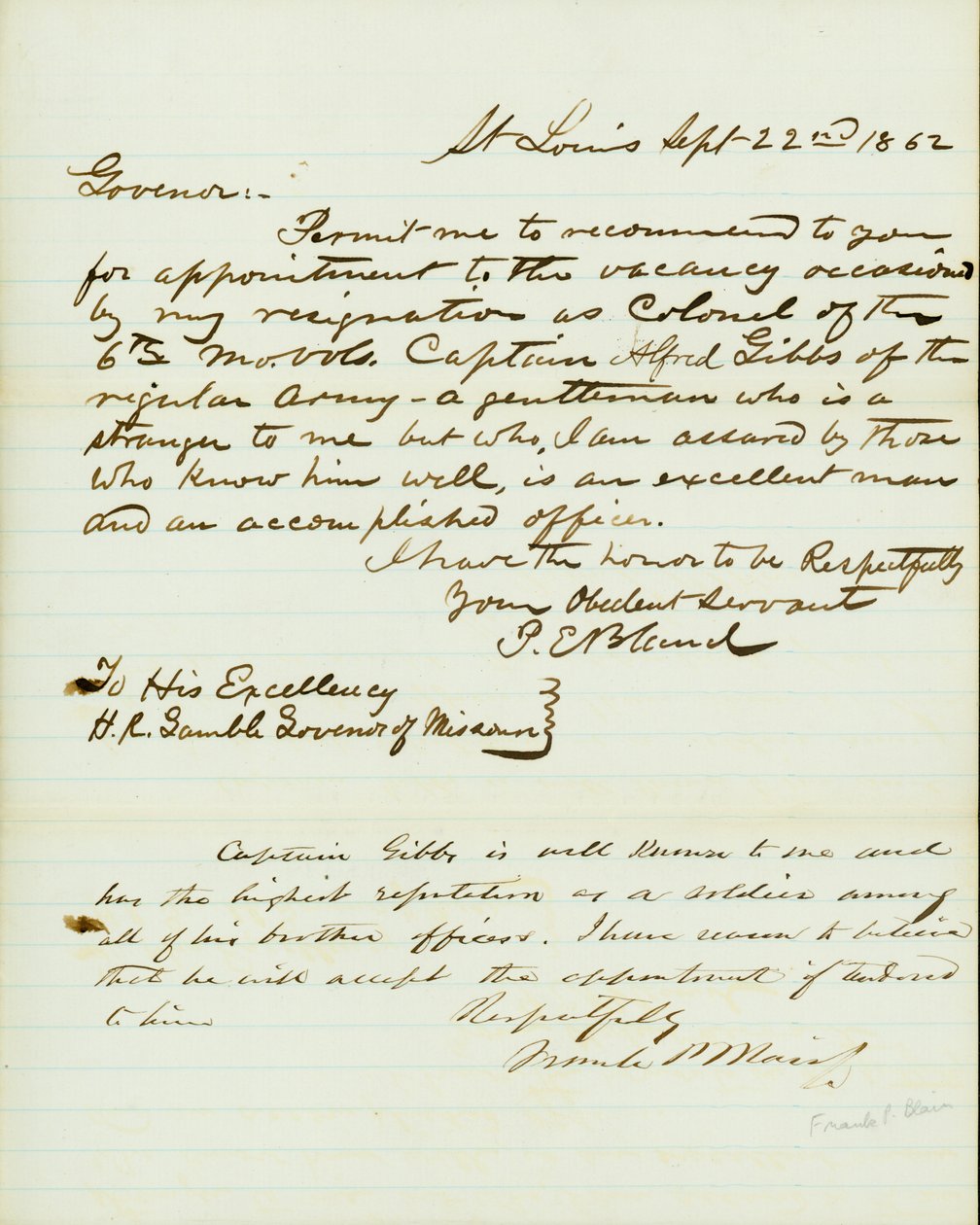 Brief ondertekend P.E. Bland, St. Louis, aan H.R. Gamble, Gouverneur van Missouri, 22 september 1862 door Peter E. Bland