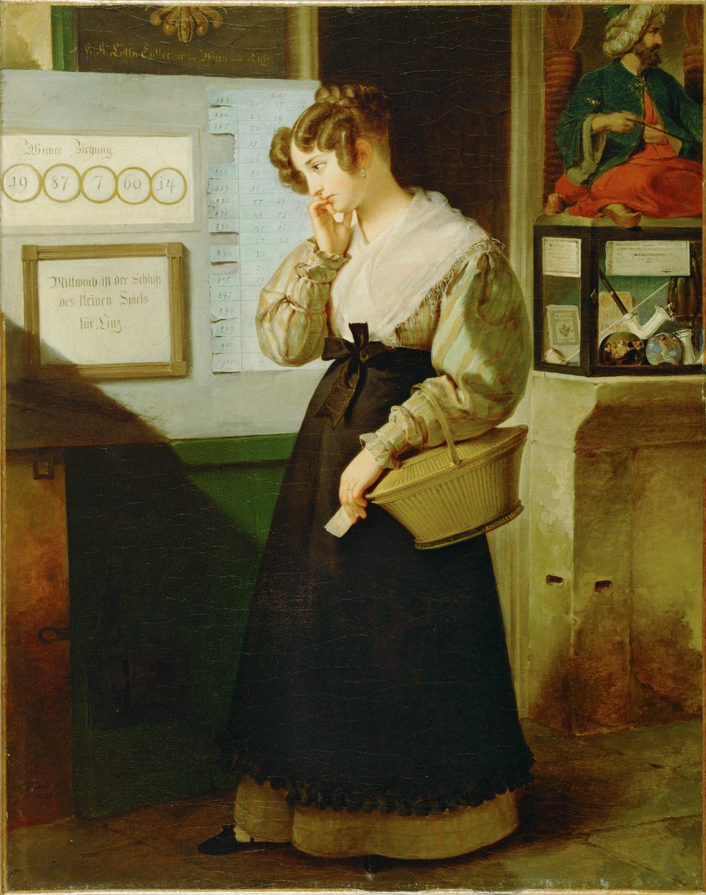 Maedchen vor einem Lotteriegewoelbe - Meisje voor een loterijwinkel ... (schilderij op doek) door Peter Fendi