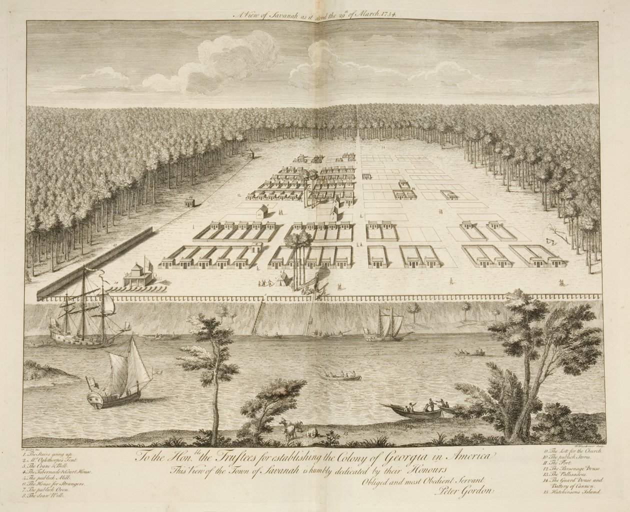 Een uitzicht op Savannah zoals het stond op 29 maart 1734, gegraveerd door P. Fourdrinier, Londen, c.1735 door Peter Gordon