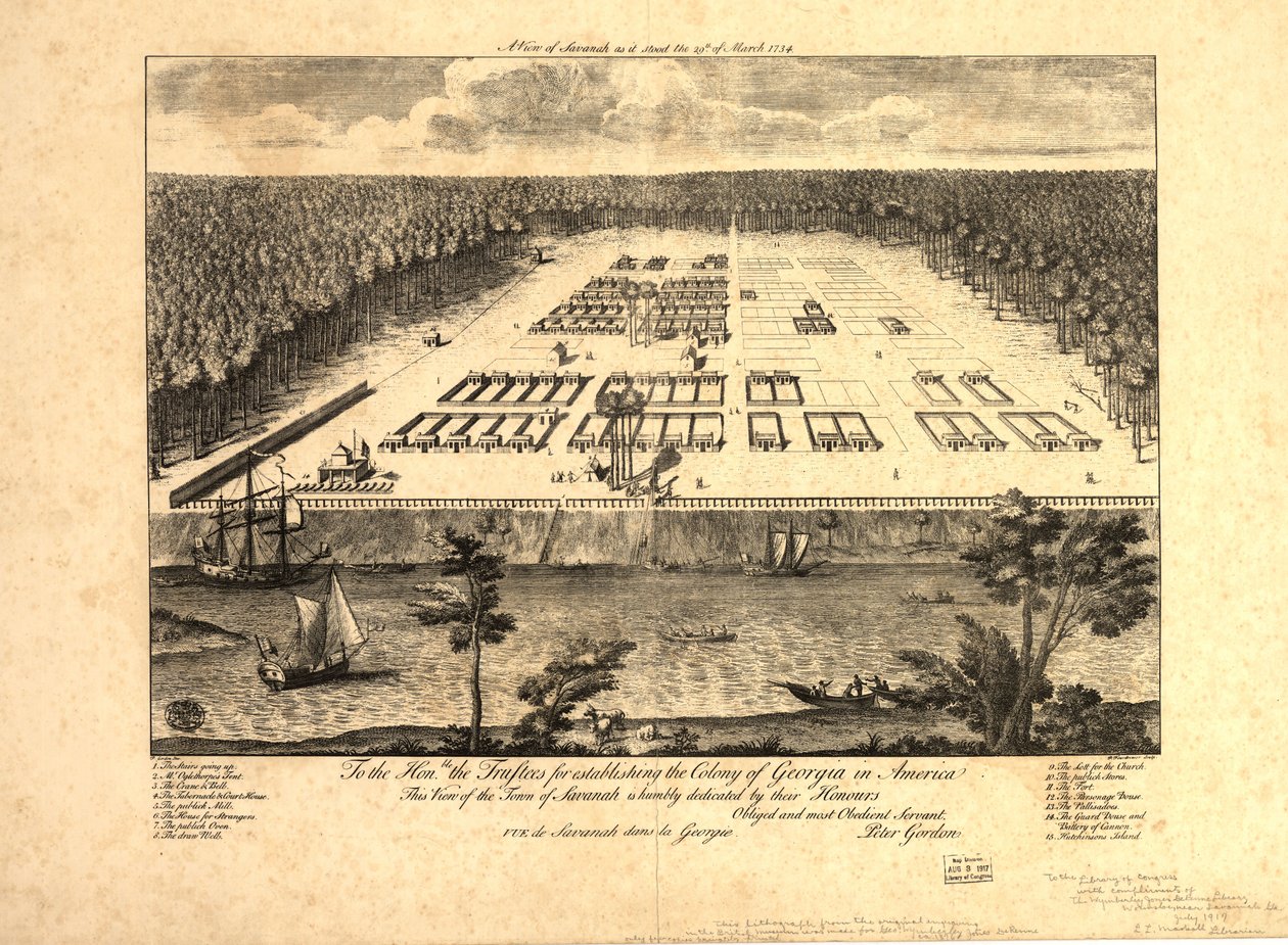 Gezicht op Savannah zoals het er op 29 maart 1734 uitzag. LOC 97683565 door Peter Gordon