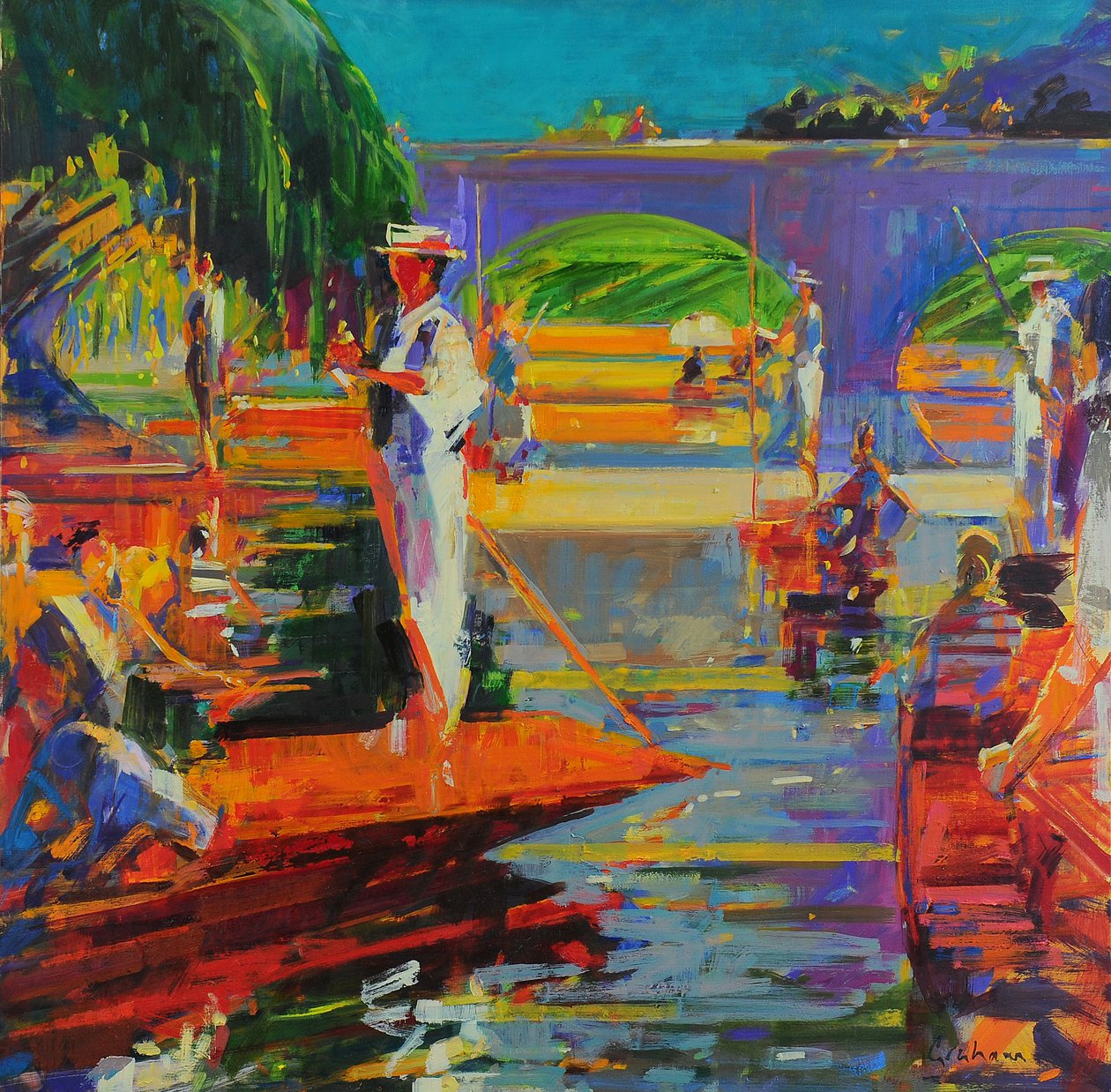 Bootvaarders, Cambridge (olieverf op doek) door Peter Graham