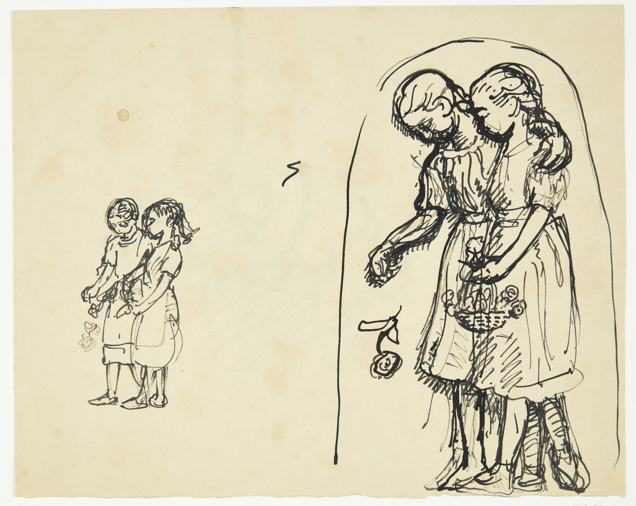 Twee kleine meisjes die bloemen strooien. Twee schetsen op hetzelfde blad door Peter Hansen