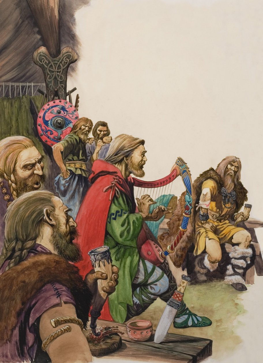 Alfred (849-899) vermomd als minstreel in het kamp van koning Guthrum (gouache op papier) door Peter Jackson