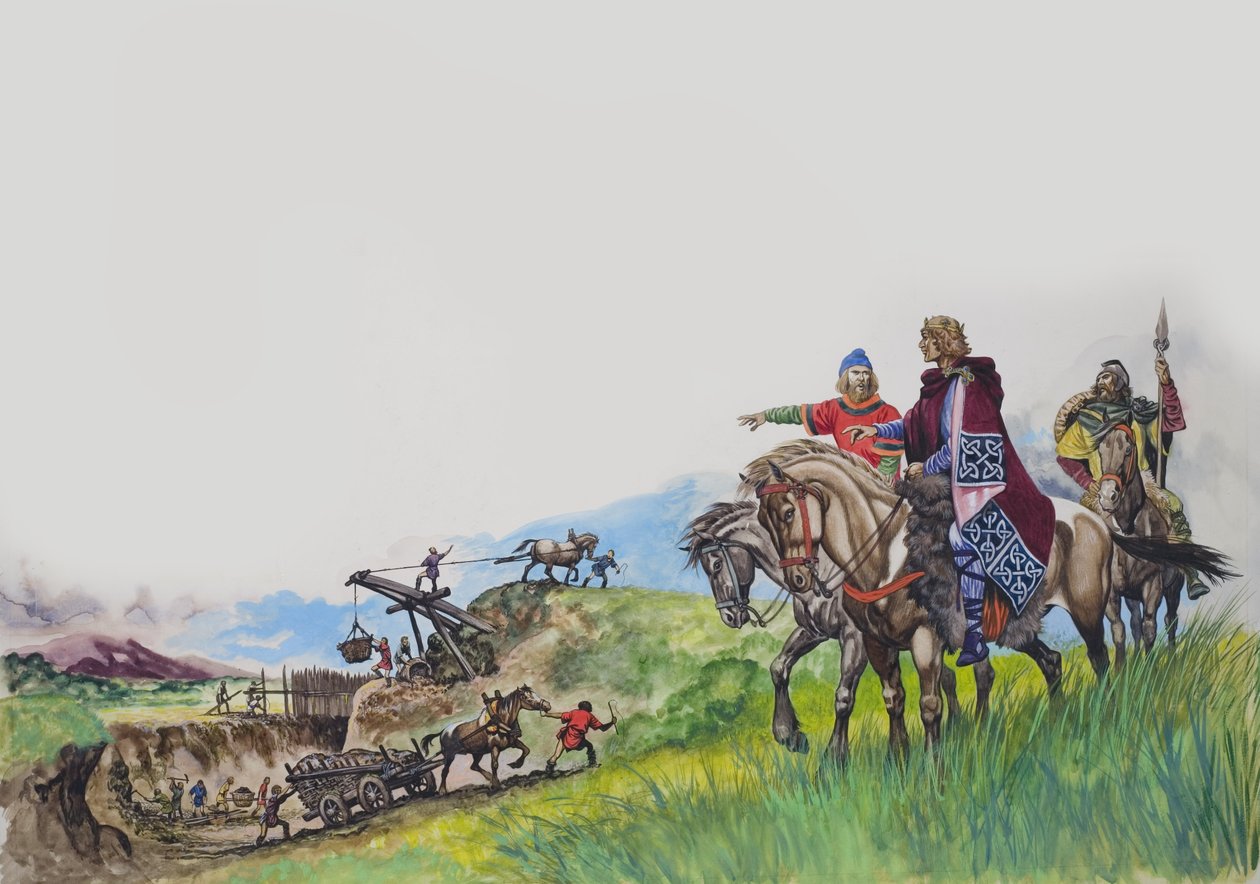 Koning Offa (757-96) kijkt toe hoe zijn dijk wordt gebouwd (gouache op papier) door Peter Jackson