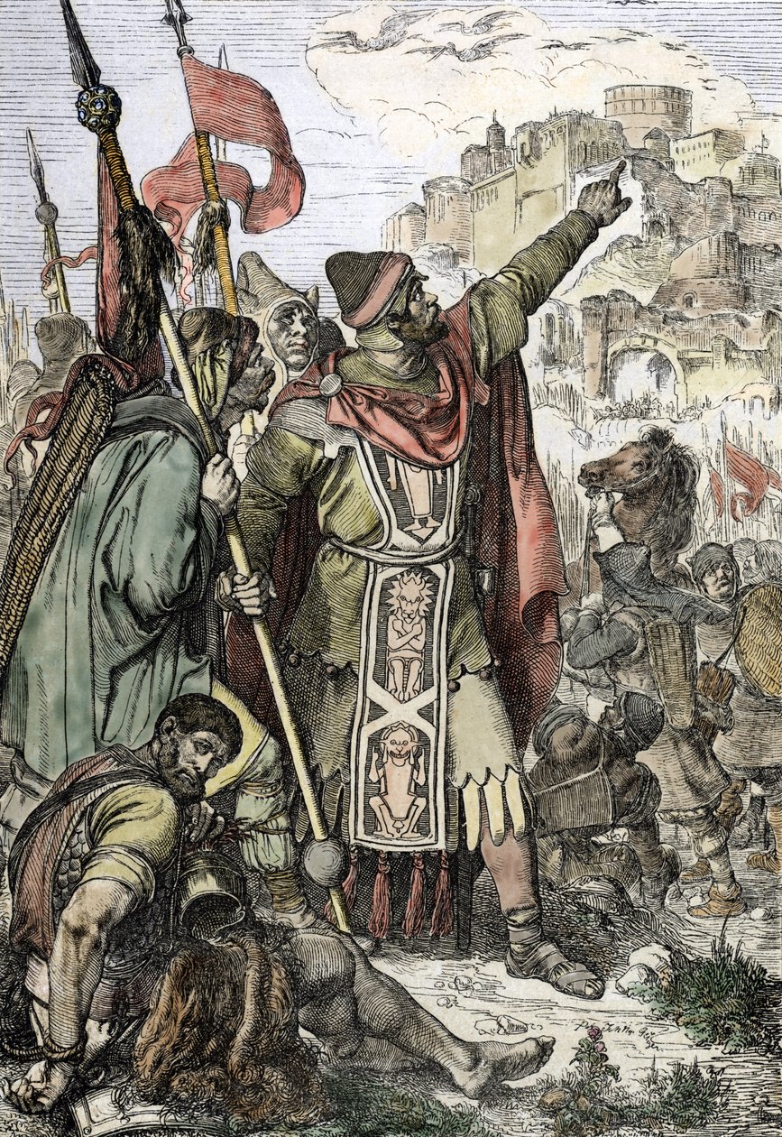Barbaarse invasie: De koning van de Hunnen Attila (406-453) kijkt met zijn soldaten toe hoe de stad Aquilea in Italië belegerd wordt door Peter Johann Nepomuck Geiger