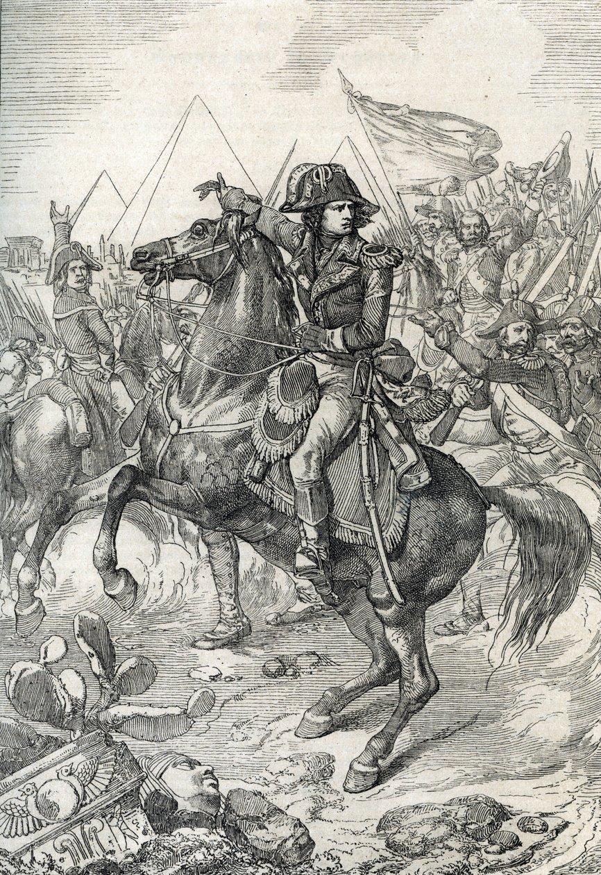 Expeditie van Egypte (1798-1801): Generaal Napoleon Bonaparte (1765-1821) voor de piramides door Peter Johann Nepomuck Geiger
