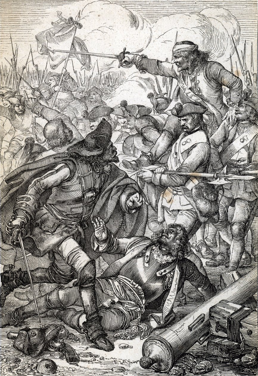 Grote Noordelijke Oorlog: De Slag bij Poltava tussen het leger van Peter I van Rusland en de troepen van Karel XII van Zweden, 8/07/1709 (tekening met veer) door Peter Johann Nepomuck Geiger