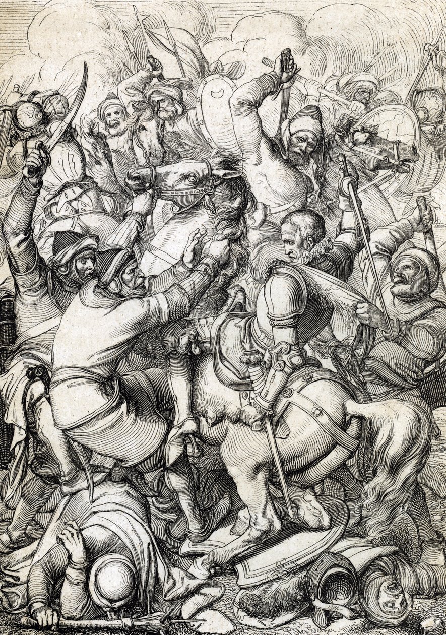 Koning Sebastian I van Portugal (1554-1578) gevangen genomen in de Slag bij Alcacer-Quibir (Ksar el-Kebir of Slag van de Drie Koningen) op 4/08/1578 in Marokko (Koning Sebastian I van Portugal gevangen genomen in de Slag bij Ksar El Kebir (Slag van de Drie door Peter Johann Nepomuck Geiger