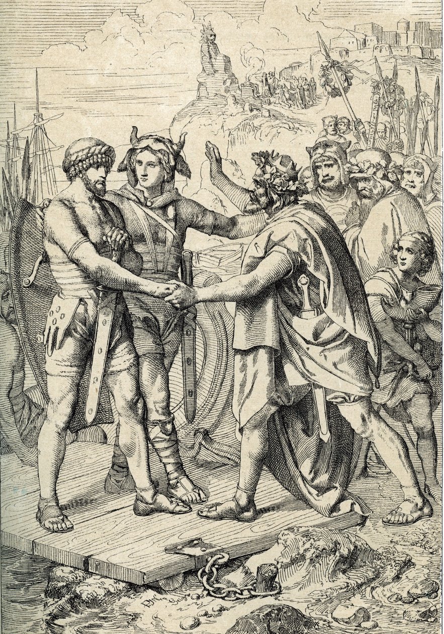 Landing van Hengest en Horsa, figuren uit de Angelsaksische legende, die de twee beschrijft als de Germaanse broers die de Angle, Saksische en Jutische legers leidden die de eerste gebieden van Groot-Brittannië in de 5e eeuw veroverden door Peter Johann Nepomuck Geiger