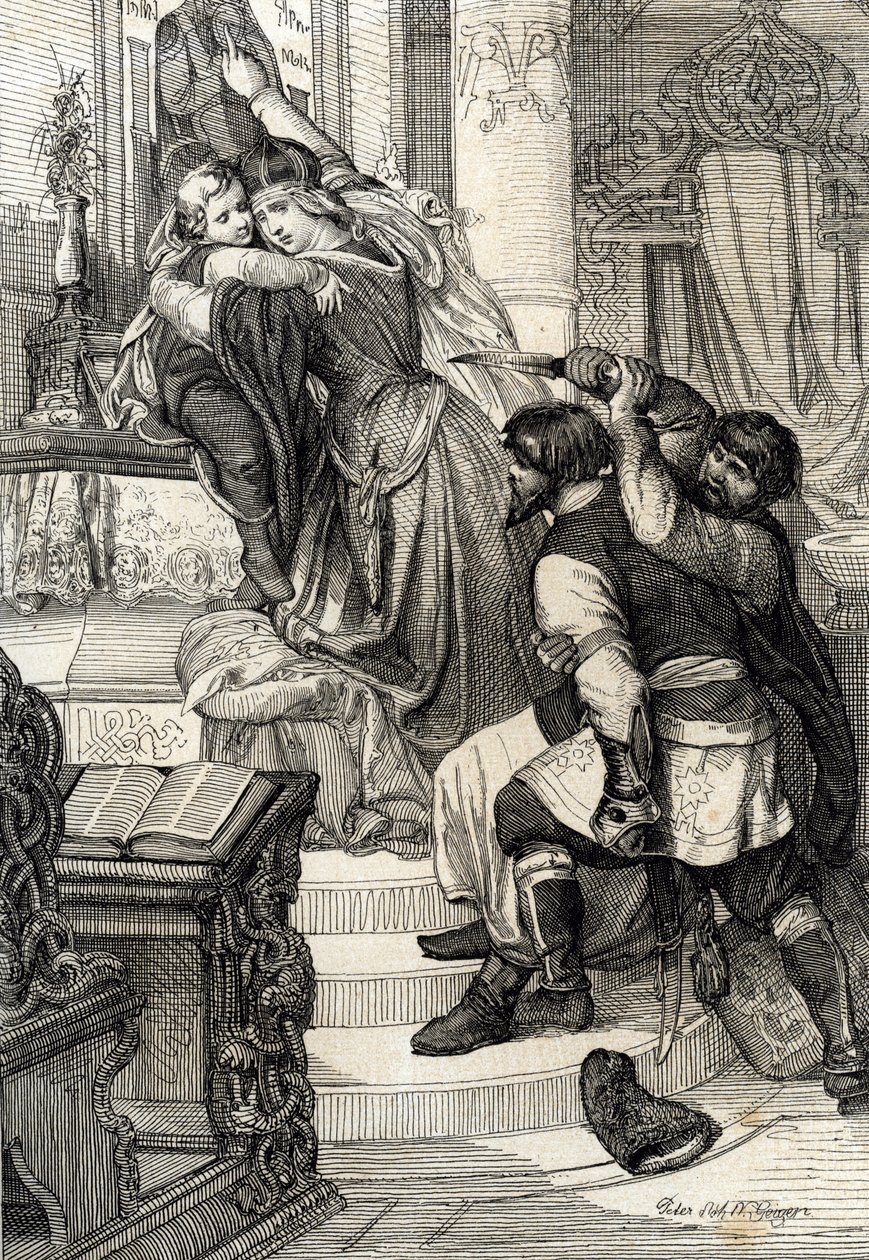 Moskou-opstand van 1682 (opstand van de streltsy van 1682): Tsarina Natalia Narychkina beschermt haar zoon prins Peter (1672-1725) tegen aanvallen van de streltsy, Rusland door Peter Johann Nepomuck Geiger