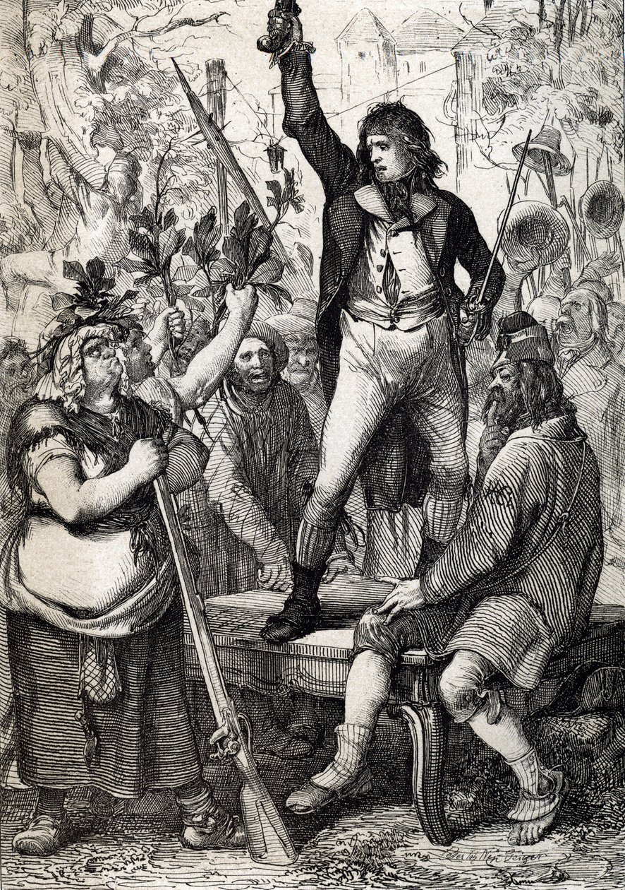 Uitbraak van de Franse Revolutie in 1789: het verzamelde volk wordt aangespoord om de kleur van een kokarde te kiezen en de wapens op te nemen (historisch) door Anton Ziegler door Peter Johann Nepomuck Geiger