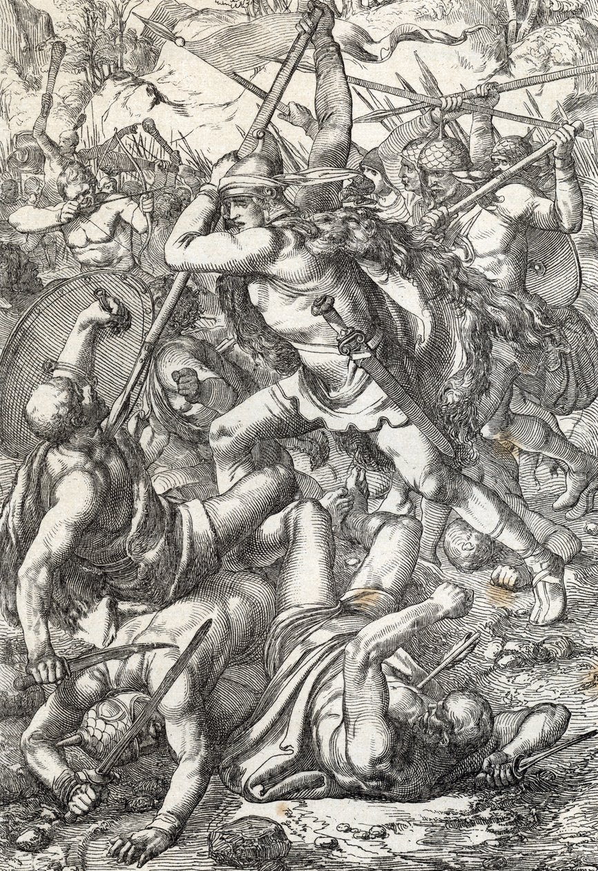 Voorstelling van Pelagius de veroveraar (overleden 737) koning van Asturië triomfantelijk tegen de Saracenen, 719, Covadonga, Spanje door Peter Johann Nepomuck Geiger